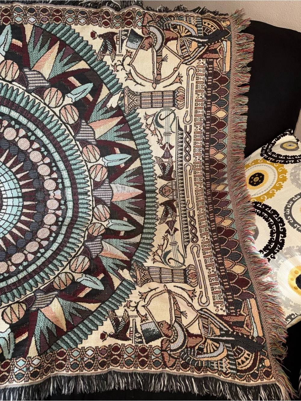 Egyptian theme Turquoise Brown lap Tapestry - crown crafts woven blanket